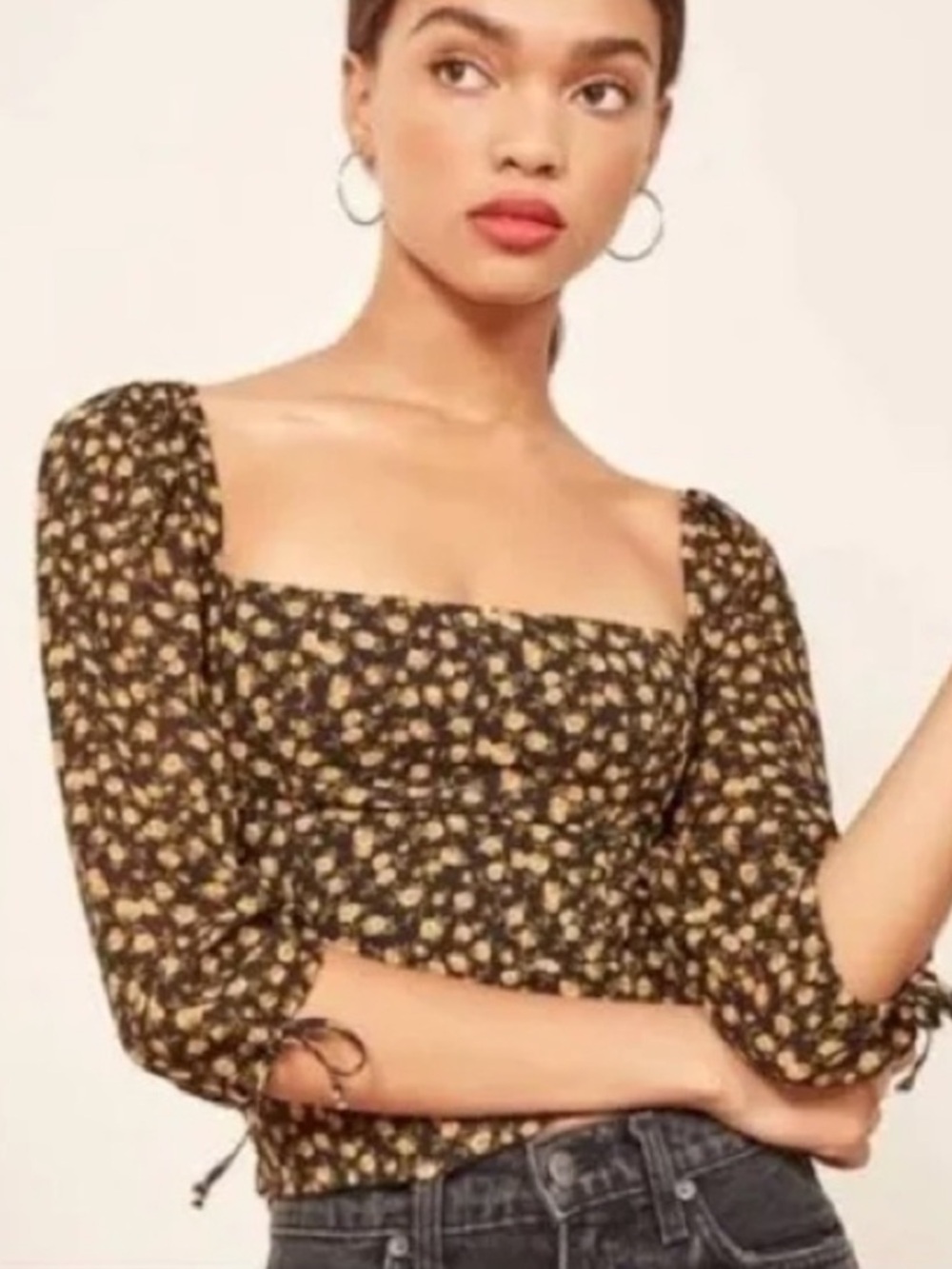 Reformation Black Floral Square-Neck Smocked Top 0